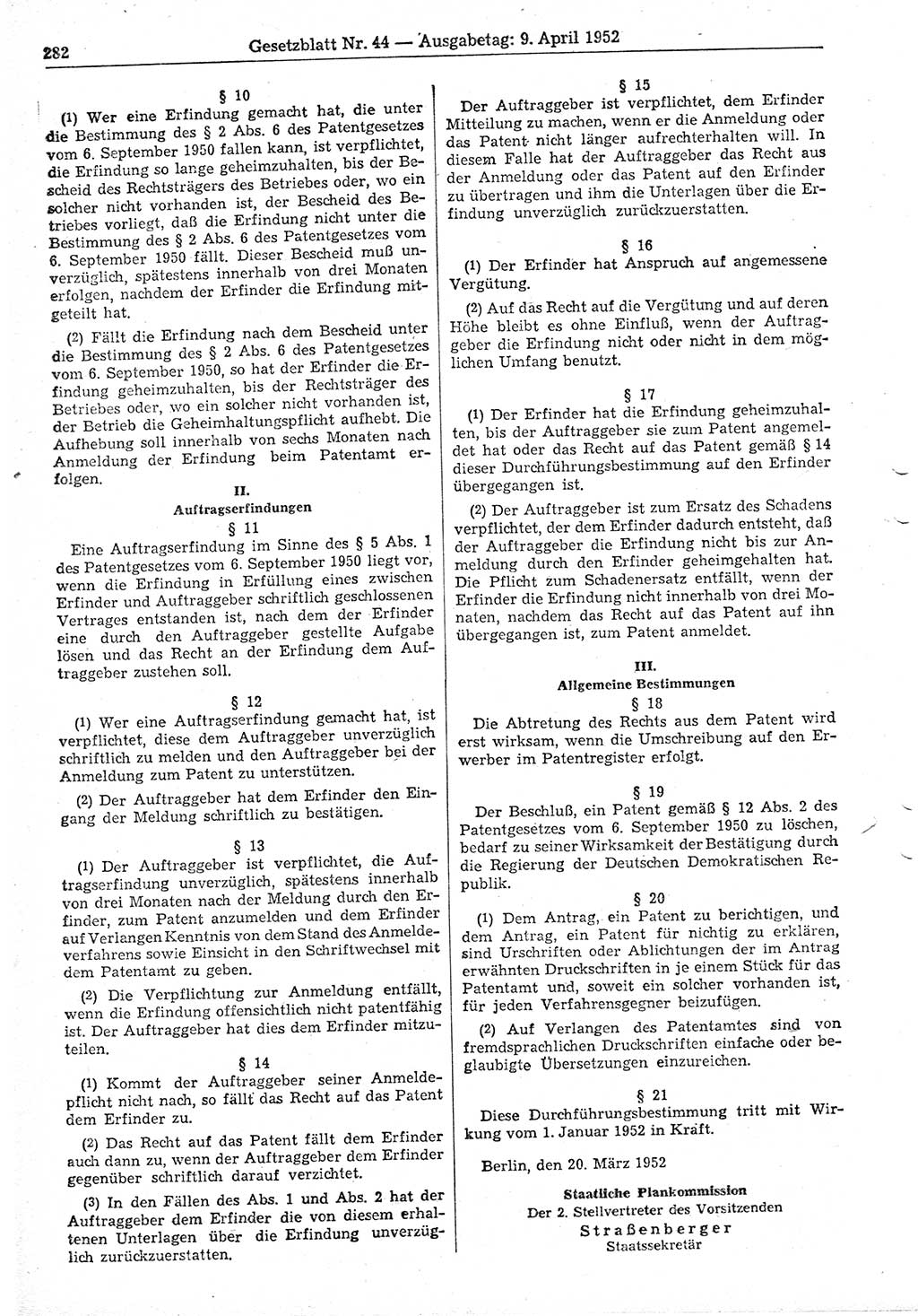 Gesetzblatt (GBl.) der Deutschen Demokratischen Republik (DDR) 1952, Seite 282 (GBl. DDR 1952, S. 282)