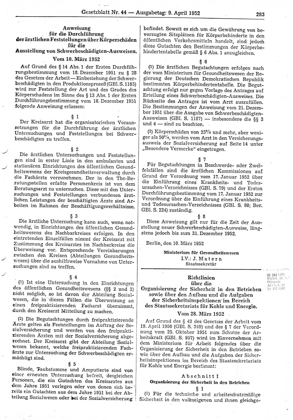 Gesetzblatt (GBl.) der Deutschen Demokratischen Republik (DDR) 1952, Seite 283 (GBl. DDR 1952, S. 283)