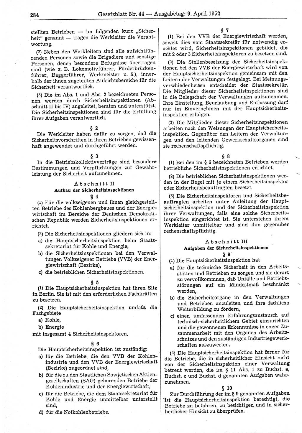 Gesetzblatt (GBl.) der Deutschen Demokratischen Republik (DDR) 1952, Seite 284 (GBl. DDR 1952, S. 284)