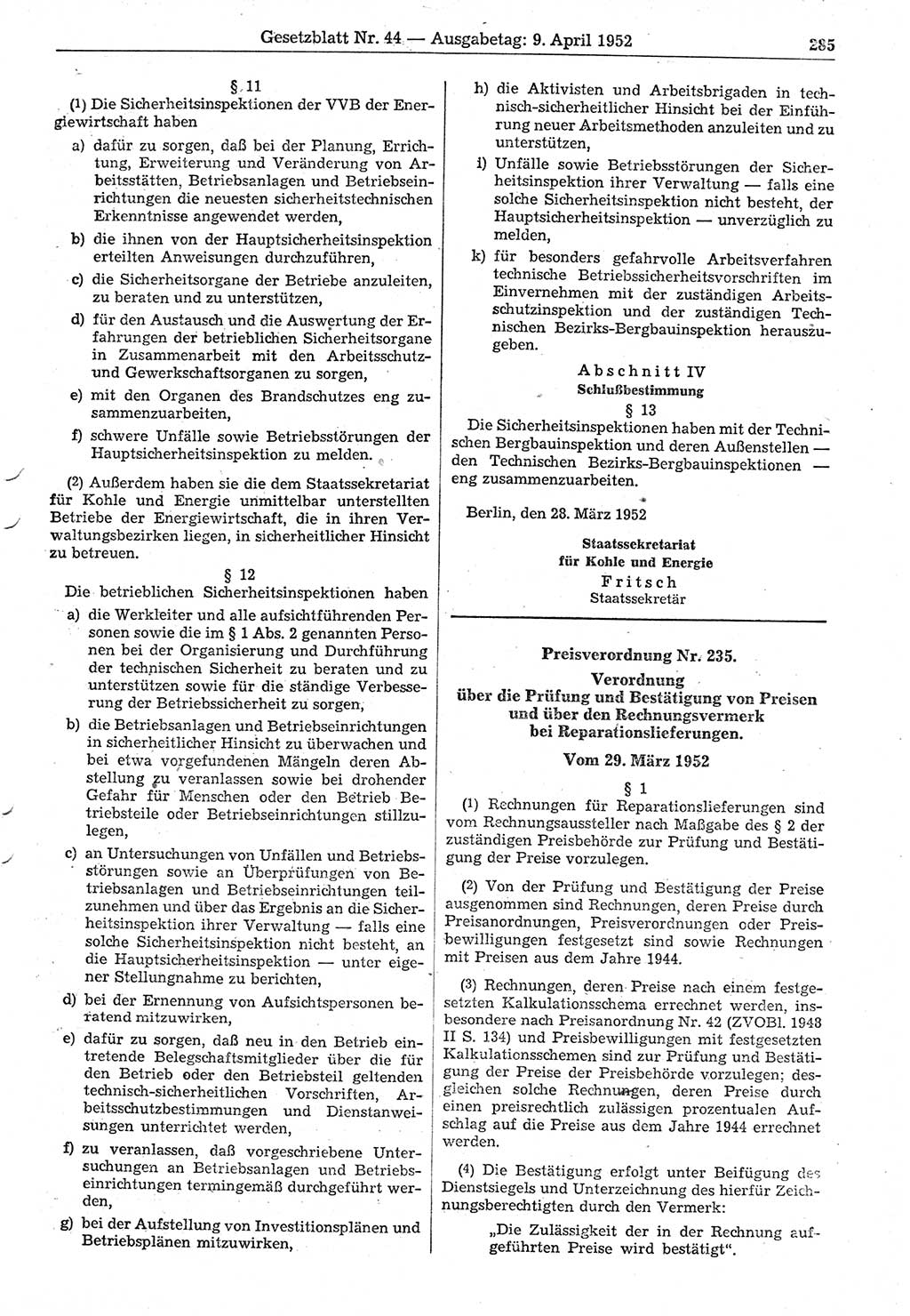 Gesetzblatt (GBl.) der Deutschen Demokratischen Republik (DDR) 1952, Seite 285 (GBl. DDR 1952, S. 285)