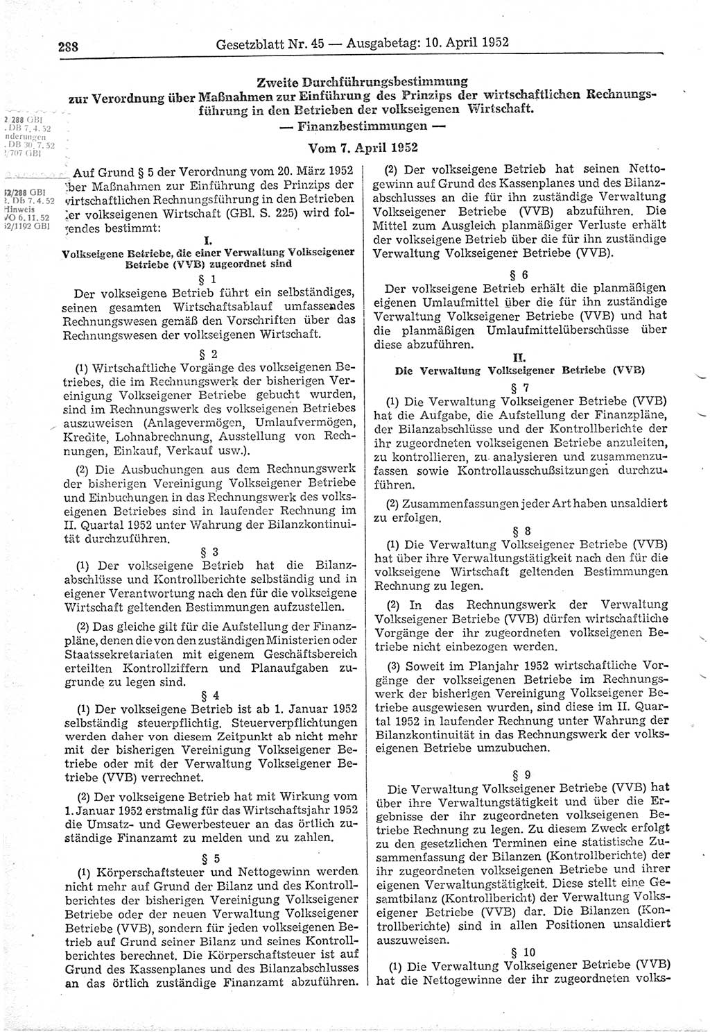 Gesetzblatt (GBl.) der Deutschen Demokratischen Republik (DDR) 1952, Seite 288 (GBl. DDR 1952, S. 288)