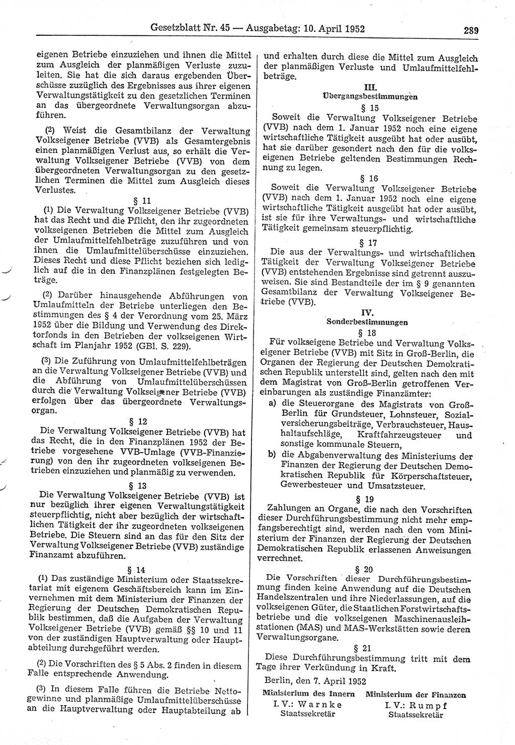 Gesetzblatt (GBl.) der Deutschen Demokratischen Republik (DDR) 1952, Seite 289 (GBl. DDR 1952, S. 289)