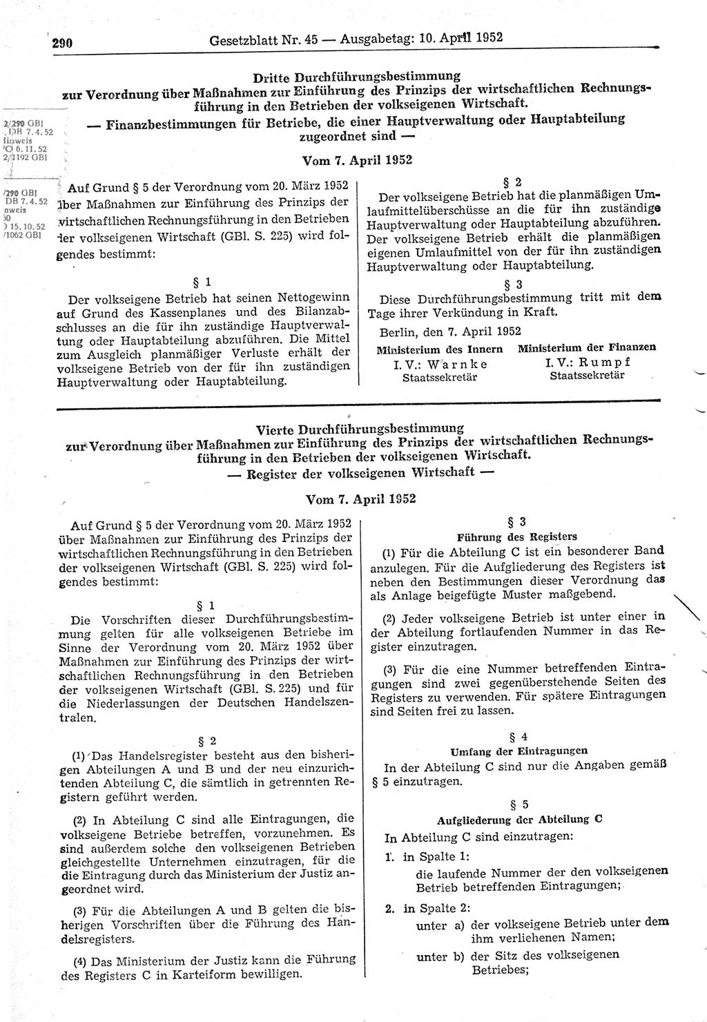 Gesetzblatt (GBl.) der Deutschen Demokratischen Republik (DDR) 1952, Seite 290 (GBl. DDR 1952, S. 290)