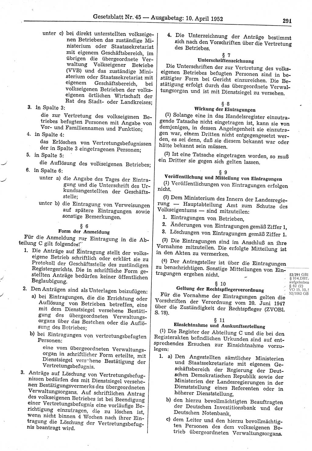 Gesetzblatt (GBl.) der Deutschen Demokratischen Republik (DDR) 1952, Seite 291 (GBl. DDR 1952, S. 291)