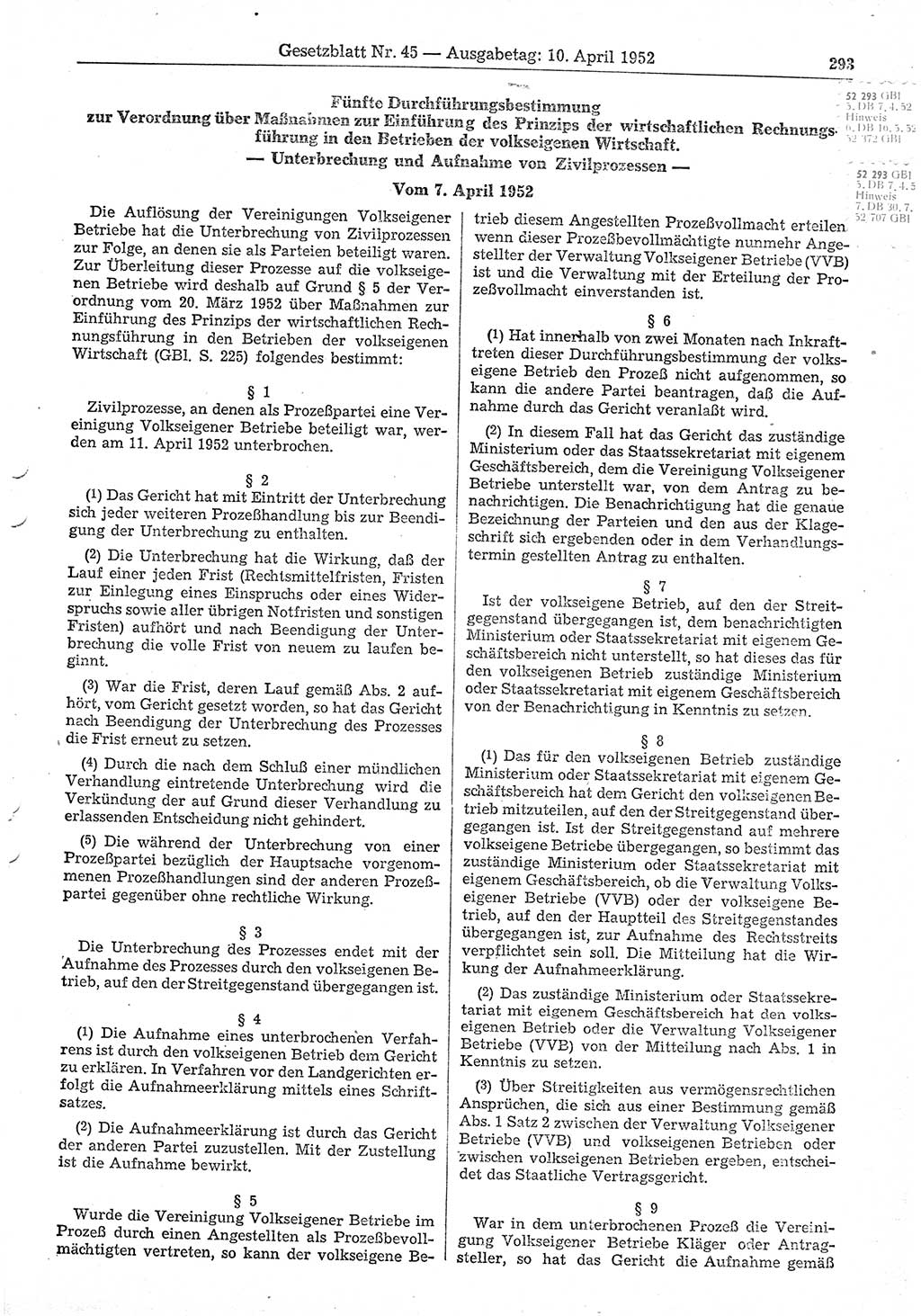 Gesetzblatt (GBl.) der Deutschen Demokratischen Republik (DDR) 1952, Seite 293 (GBl. DDR 1952, S. 293)