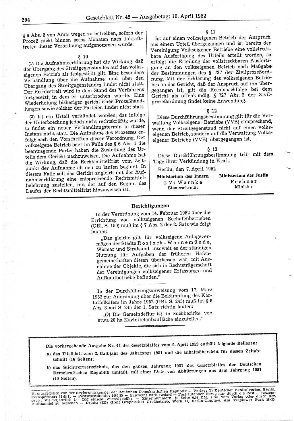 Gesetzblatt (GBl.) der Deutschen Demokratischen Republik (DDR) 1952, Seite 294 (GBl. DDR 1952, S. 294)