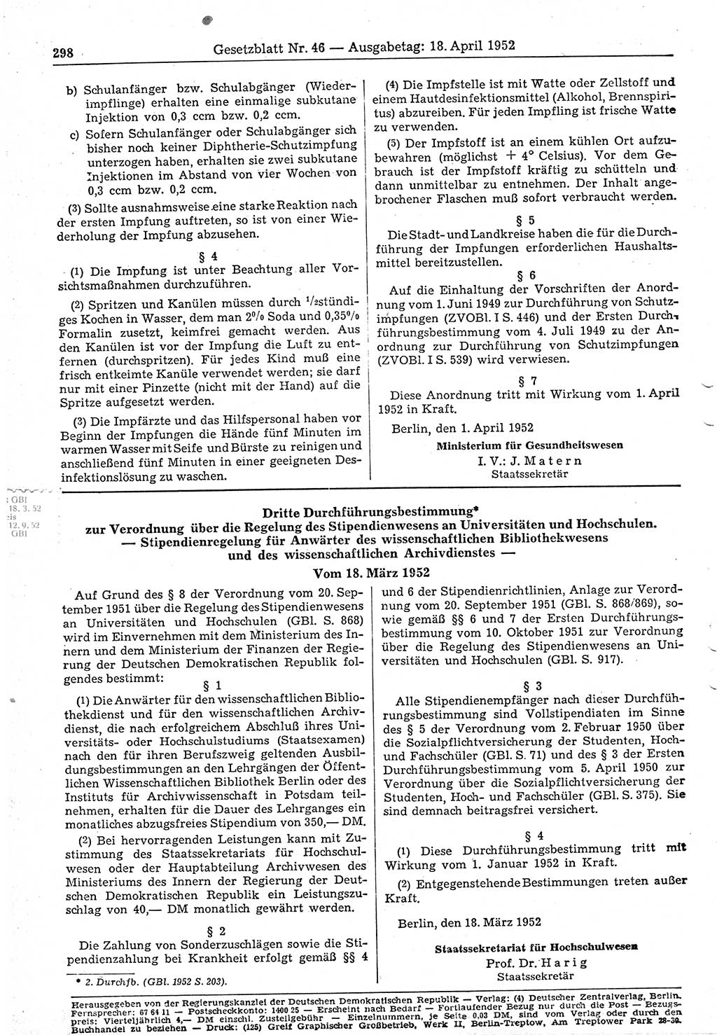 Gesetzblatt (GBl.) der Deutschen Demokratischen Republik (DDR) 1952, Seite 298 (GBl. DDR 1952, S. 298)