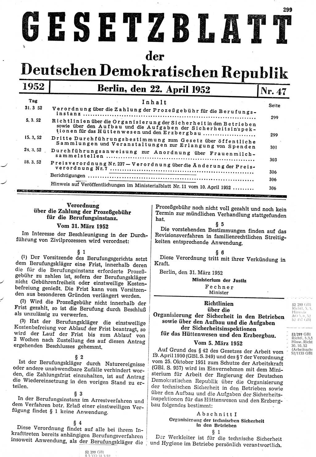 Gesetzblatt (GBl.) der Deutschen Demokratischen Republik (DDR) 1952, Seite 299 (GBl. DDR 1952, S. 299)