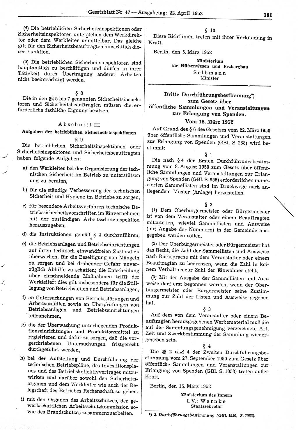 Gesetzblatt (GBl.) der Deutschen Demokratischen Republik (DDR) 1952, Seite 301 (GBl. DDR 1952, S. 301)