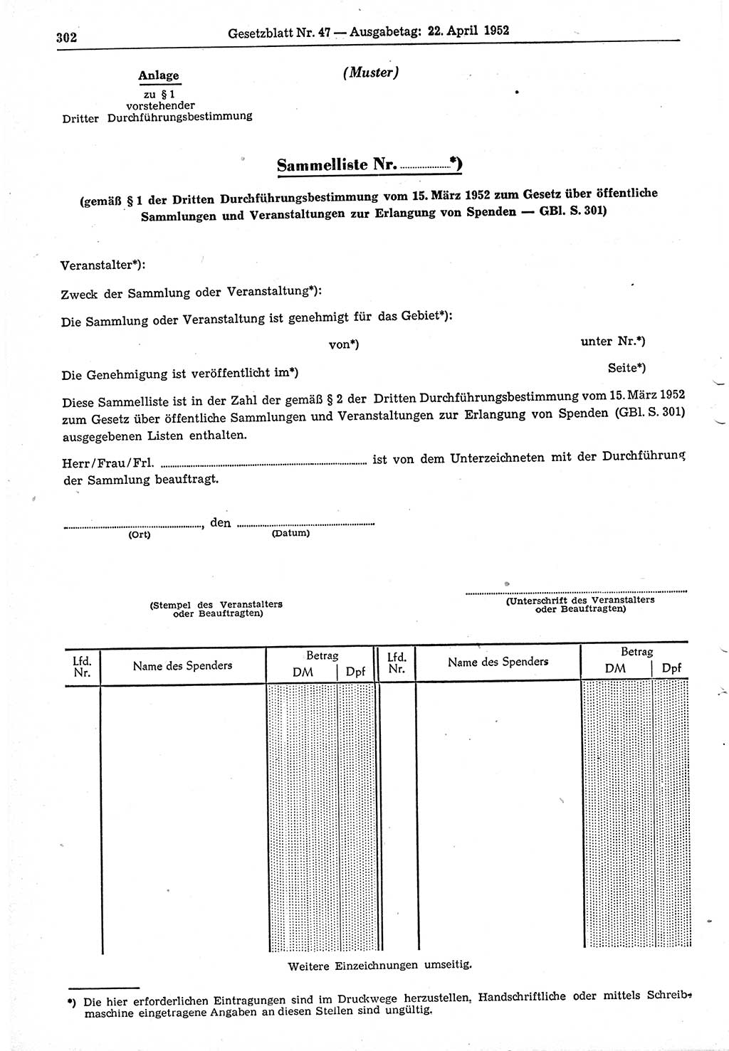 Gesetzblatt (GBl.) der Deutschen Demokratischen Republik (DDR) 1952, Seite 302 (GBl. DDR 1952, S. 302)