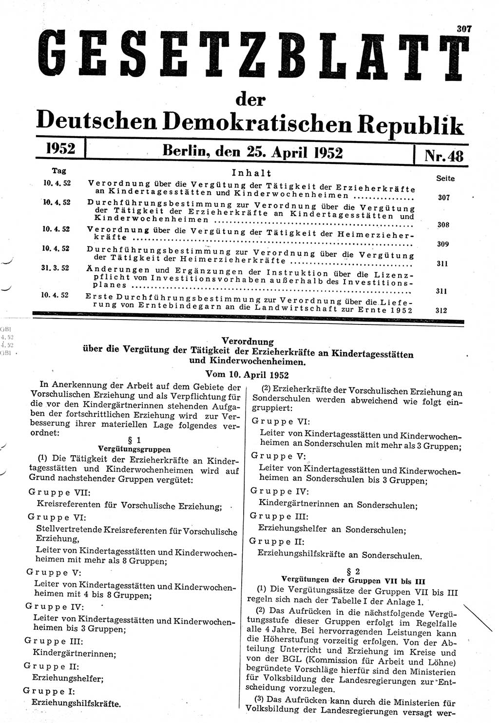 Gesetzblatt (GBl.) der Deutschen Demokratischen Republik (DDR) 1952, Seite 307 (GBl. DDR 1952, S. 307)