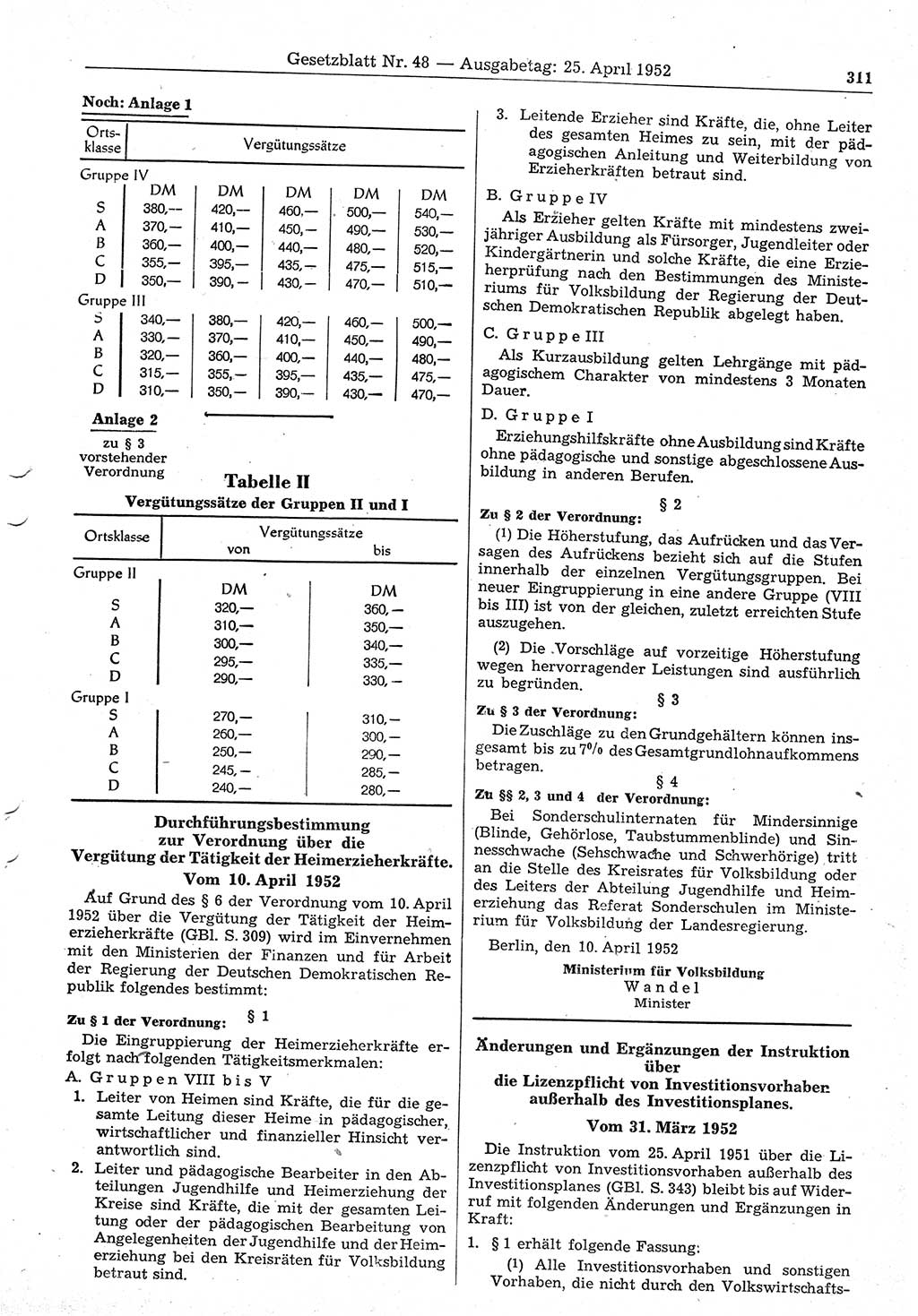 Gesetzblatt (GBl.) der Deutschen Demokratischen Republik (DDR) 1952, Seite 311 (GBl. DDR 1952, S. 311)