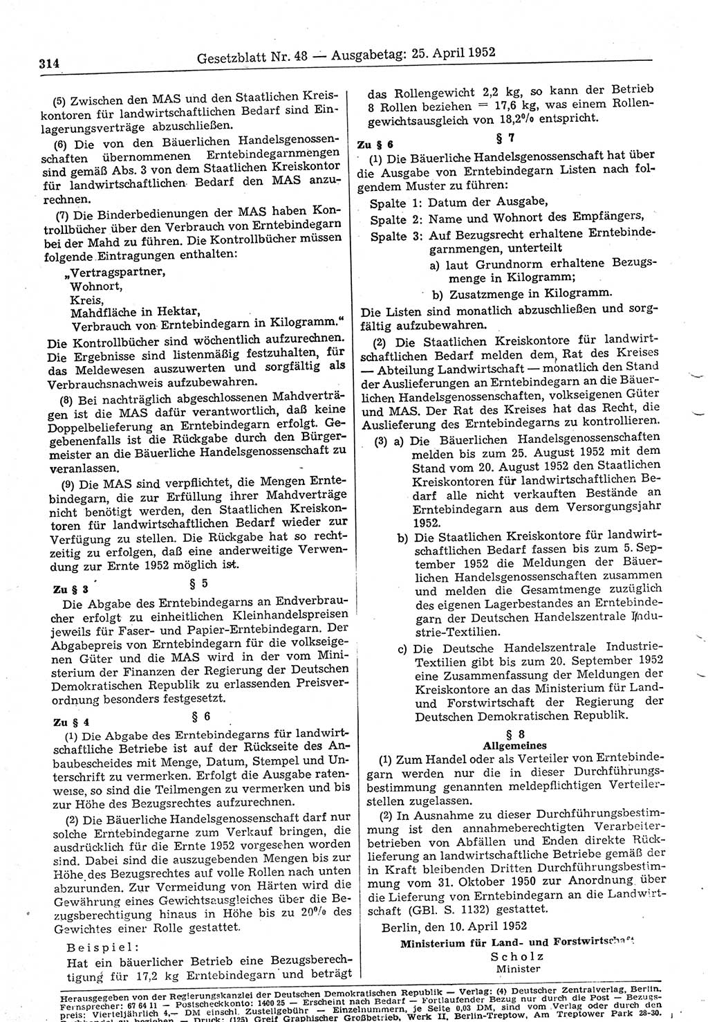 Gesetzblatt (GBl.) der Deutschen Demokratischen Republik (DDR) 1952, Seite 314 (GBl. DDR 1952, S. 314)