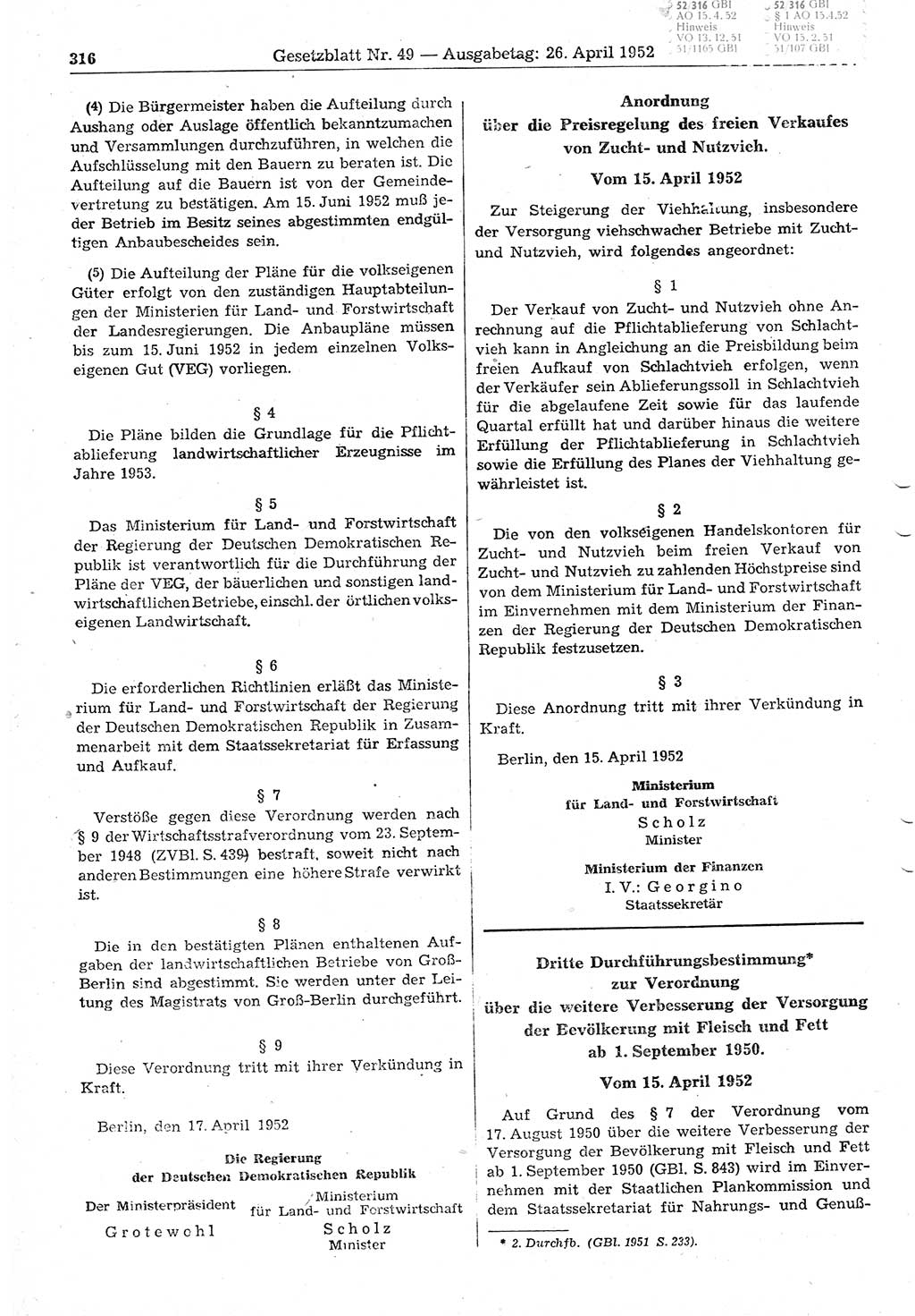 Gesetzblatt (GBl.) der Deutschen Demokratischen Republik (DDR) 1952, Seite 316 (GBl. DDR 1952, S. 316)