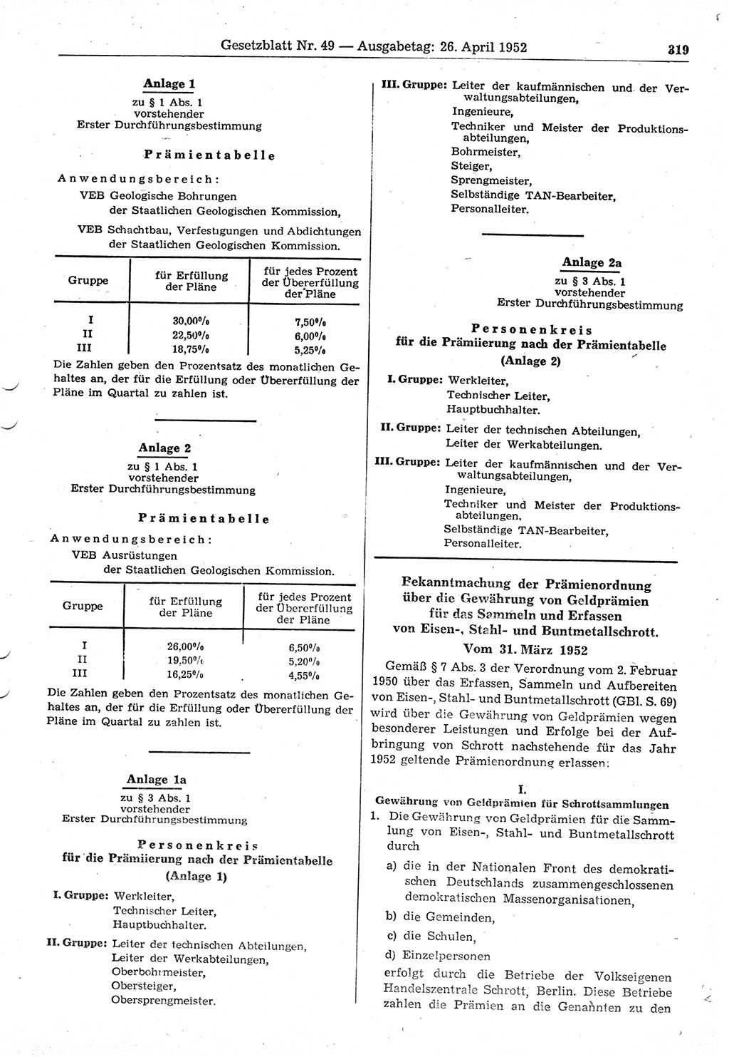 Gesetzblatt (GBl.) der Deutschen Demokratischen Republik (DDR) 1952, Seite 319 (GBl. DDR 1952, S. 319)