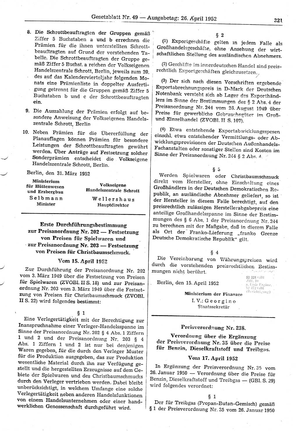 Gesetzblatt (GBl.) der Deutschen Demokratischen Republik (DDR) 1952, Seite 321 (GBl. DDR 1952, S. 321)