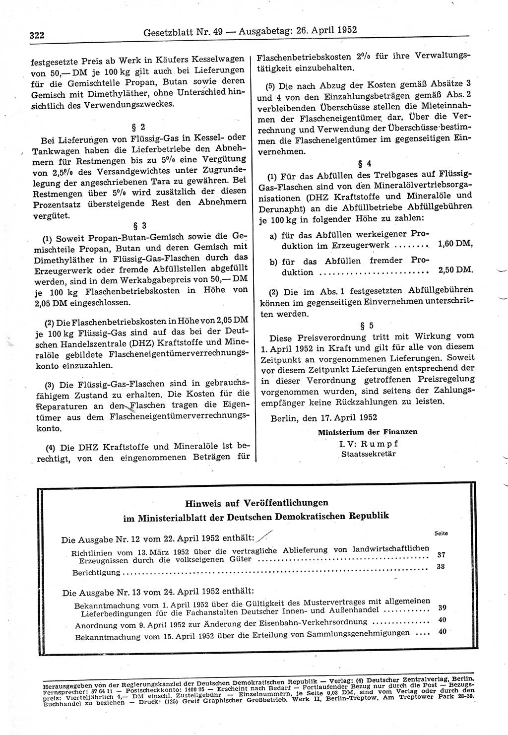 Gesetzblatt (GBl.) der Deutschen Demokratischen Republik (DDR) 1952, Seite 322 (GBl. DDR 1952, S. 322)