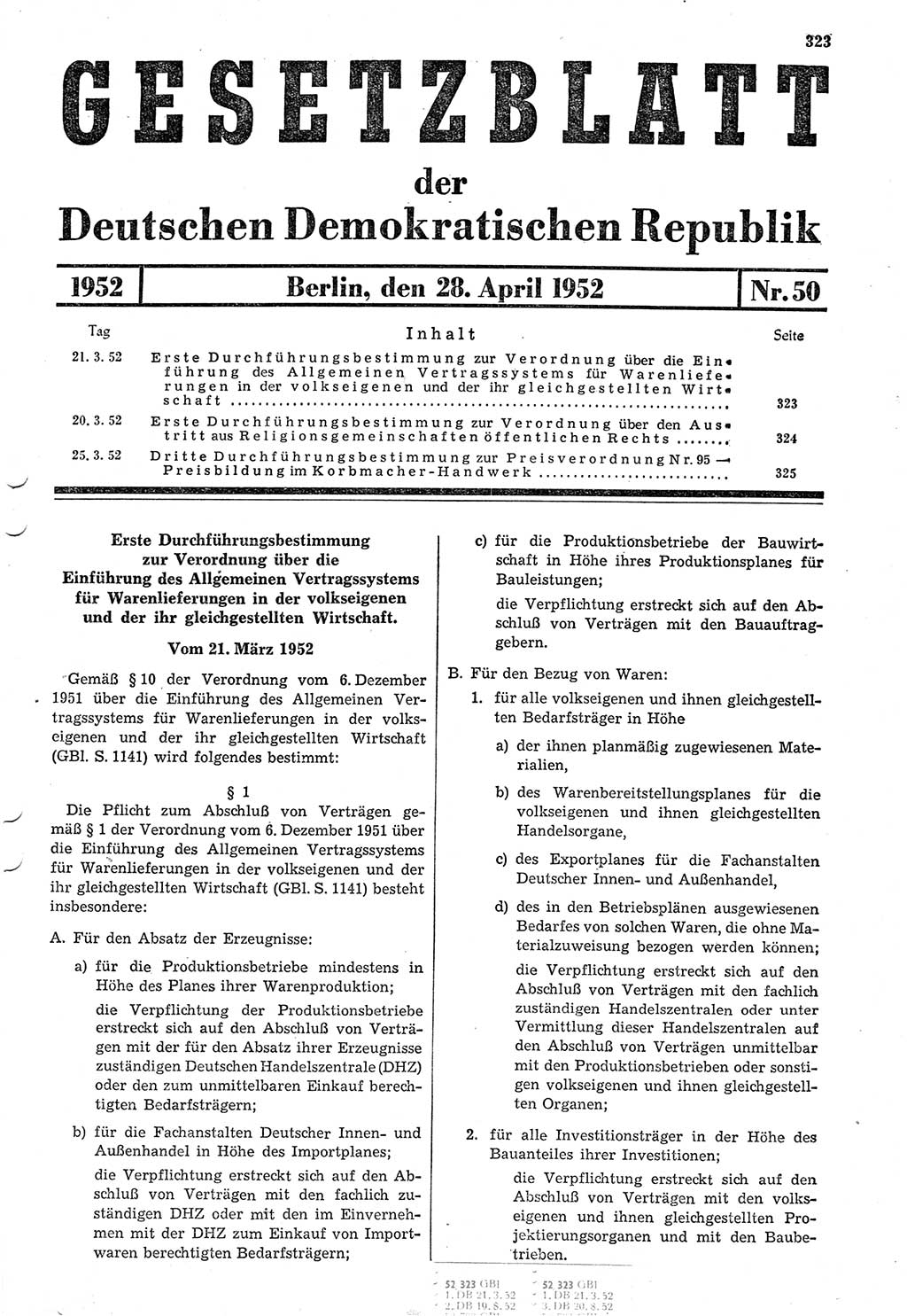 Gesetzblatt (GBl.) der Deutschen Demokratischen Republik (DDR) 1952, Seite 323 (GBl. DDR 1952, S. 323)