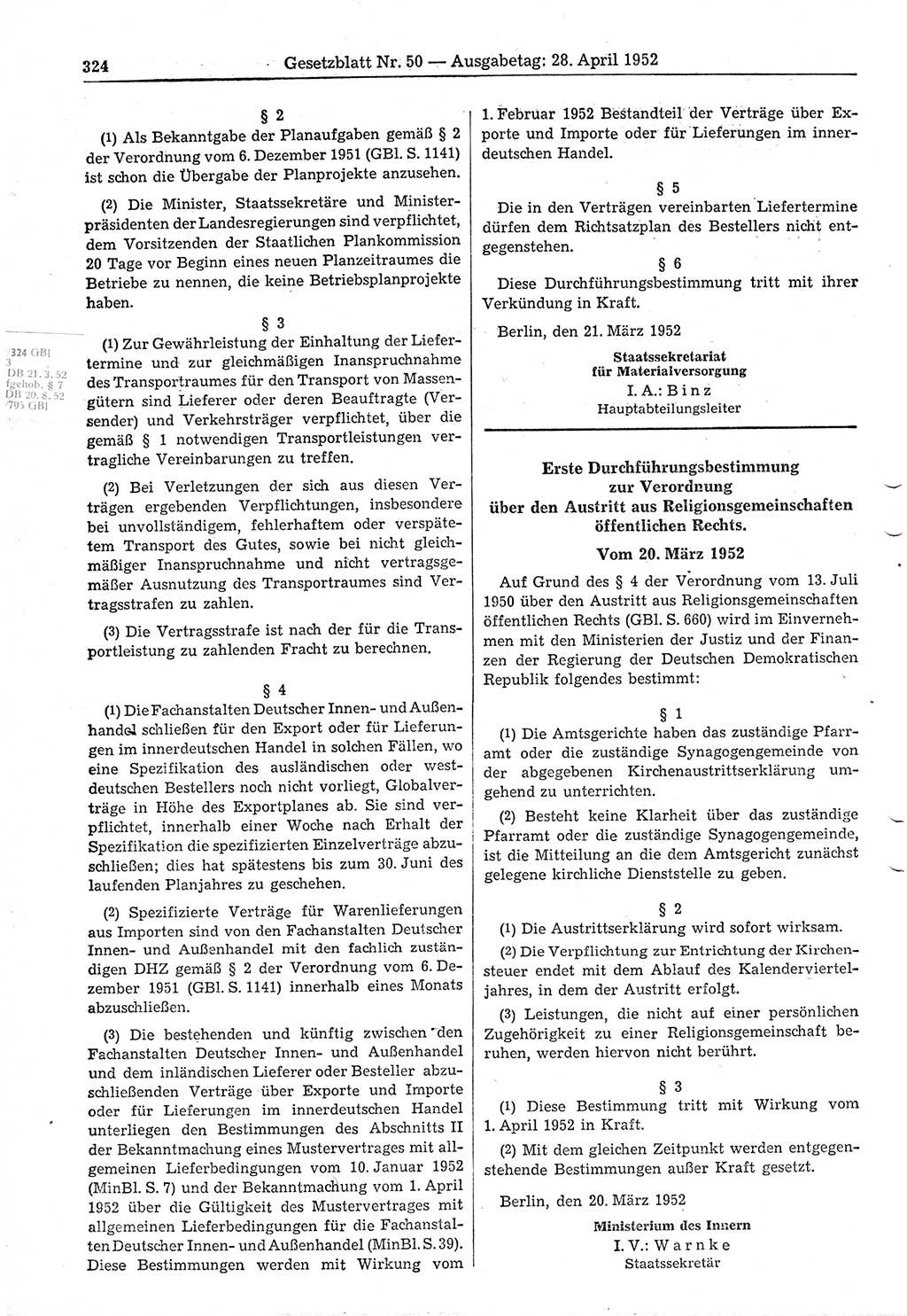 Gesetzblatt (GBl.) der Deutschen Demokratischen Republik (DDR) 1952, Seite 324 (GBl. DDR 1952, S. 324)