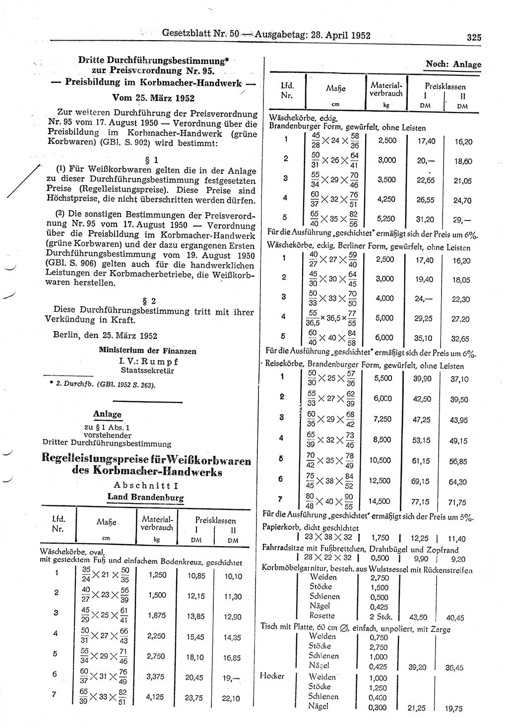 Gesetzblatt (GBl.) der Deutschen Demokratischen Republik (DDR) 1952, Seite 325 (GBl. DDR 1952, S. 325)
