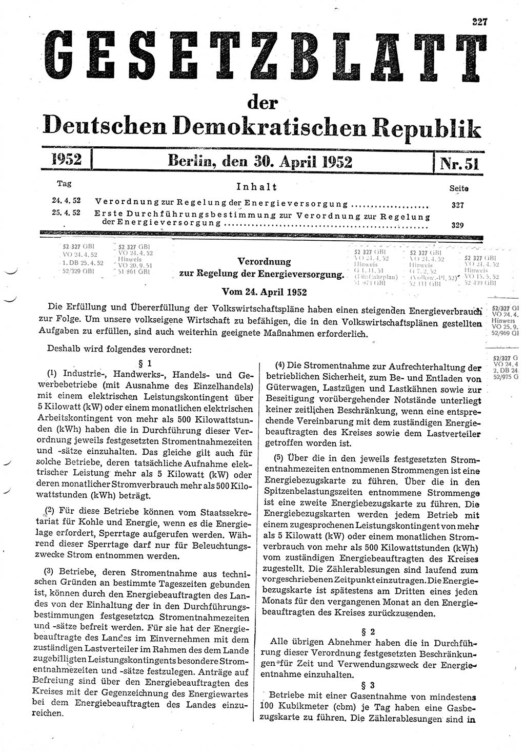 Gesetzblatt (GBl.) der Deutschen Demokratischen Republik (DDR) 1952, Seite 327 (GBl. DDR 1952, S. 327)
