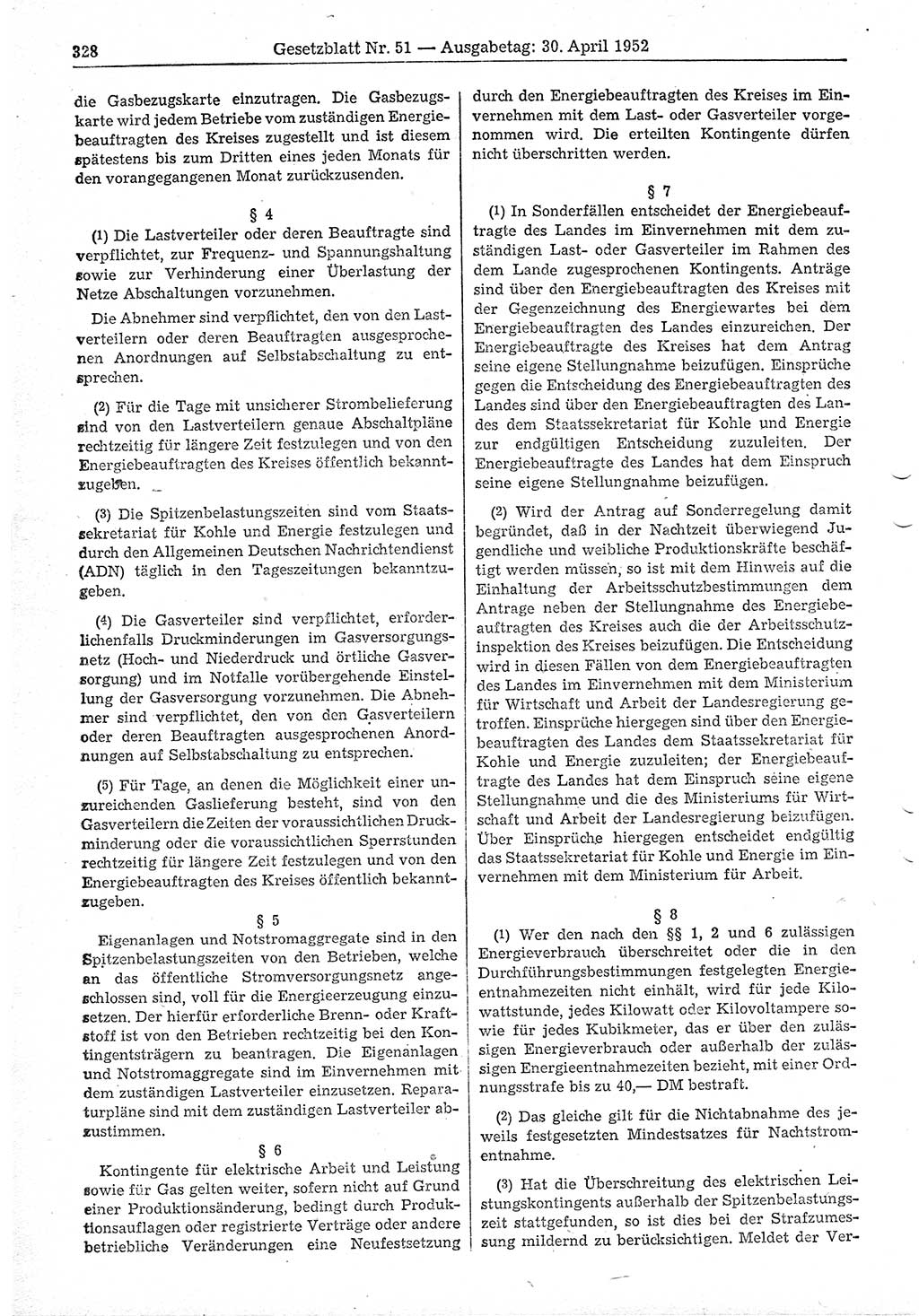 Gesetzblatt (GBl.) der Deutschen Demokratischen Republik (DDR) 1952, Seite 328 (GBl. DDR 1952, S. 328)