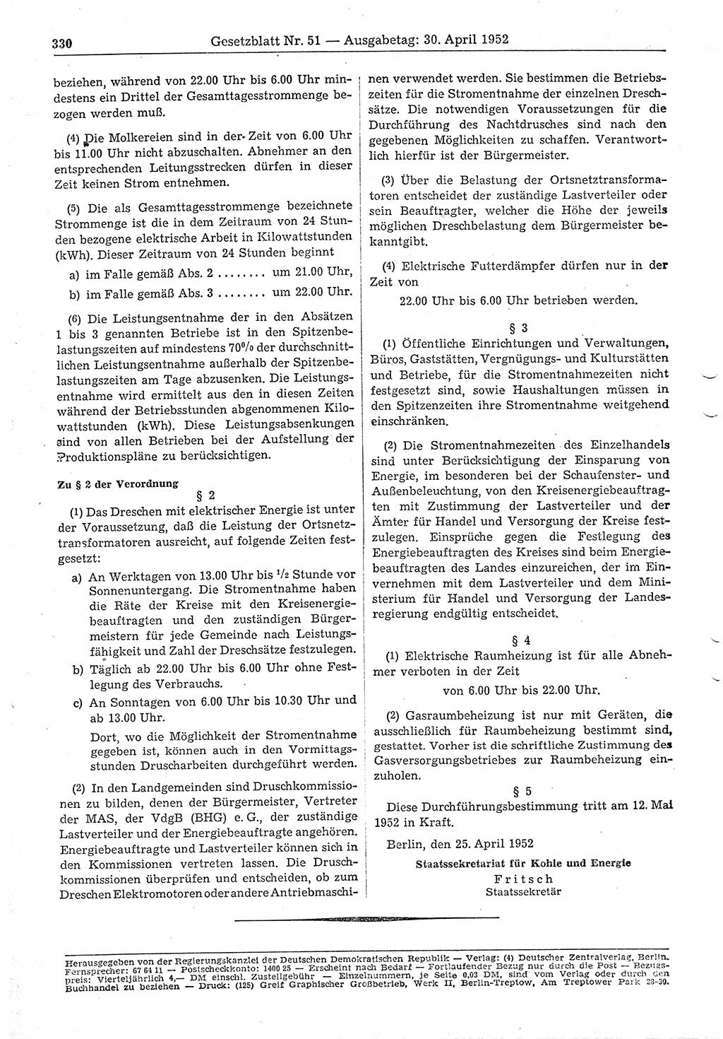 Gesetzblatt (GBl.) der Deutschen Demokratischen Republik (DDR) 1952, Seite 330 (GBl. DDR 1952, S. 330)