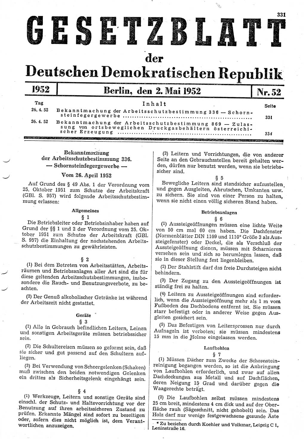 Gesetzblatt (GBl.) der Deutschen Demokratischen Republik (DDR) 1952, Seite 331 (GBl. DDR 1952, S. 331)