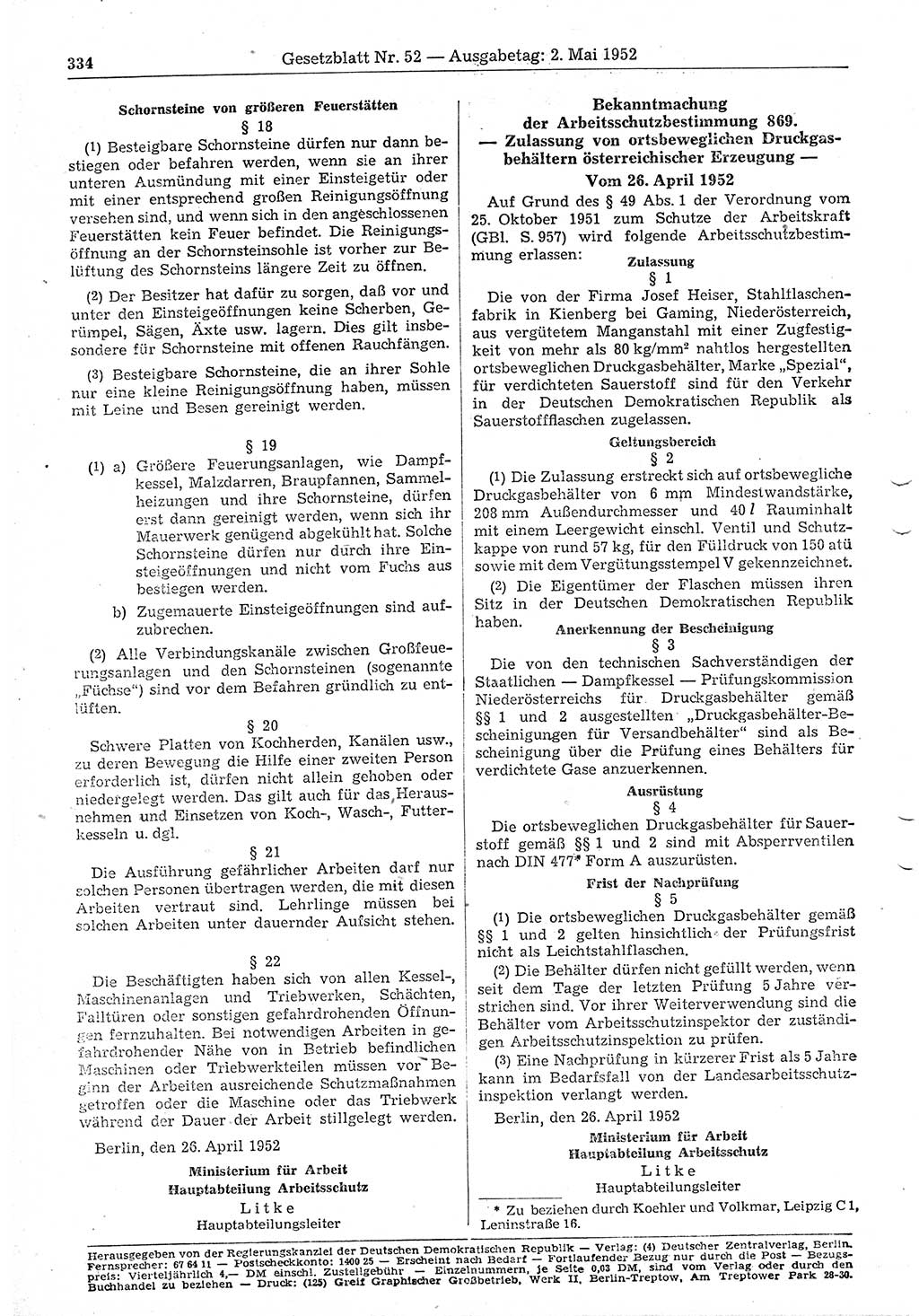 Gesetzblatt (GBl.) der Deutschen Demokratischen Republik (DDR) 1952, Seite 334 (GBl. DDR 1952, S. 334)