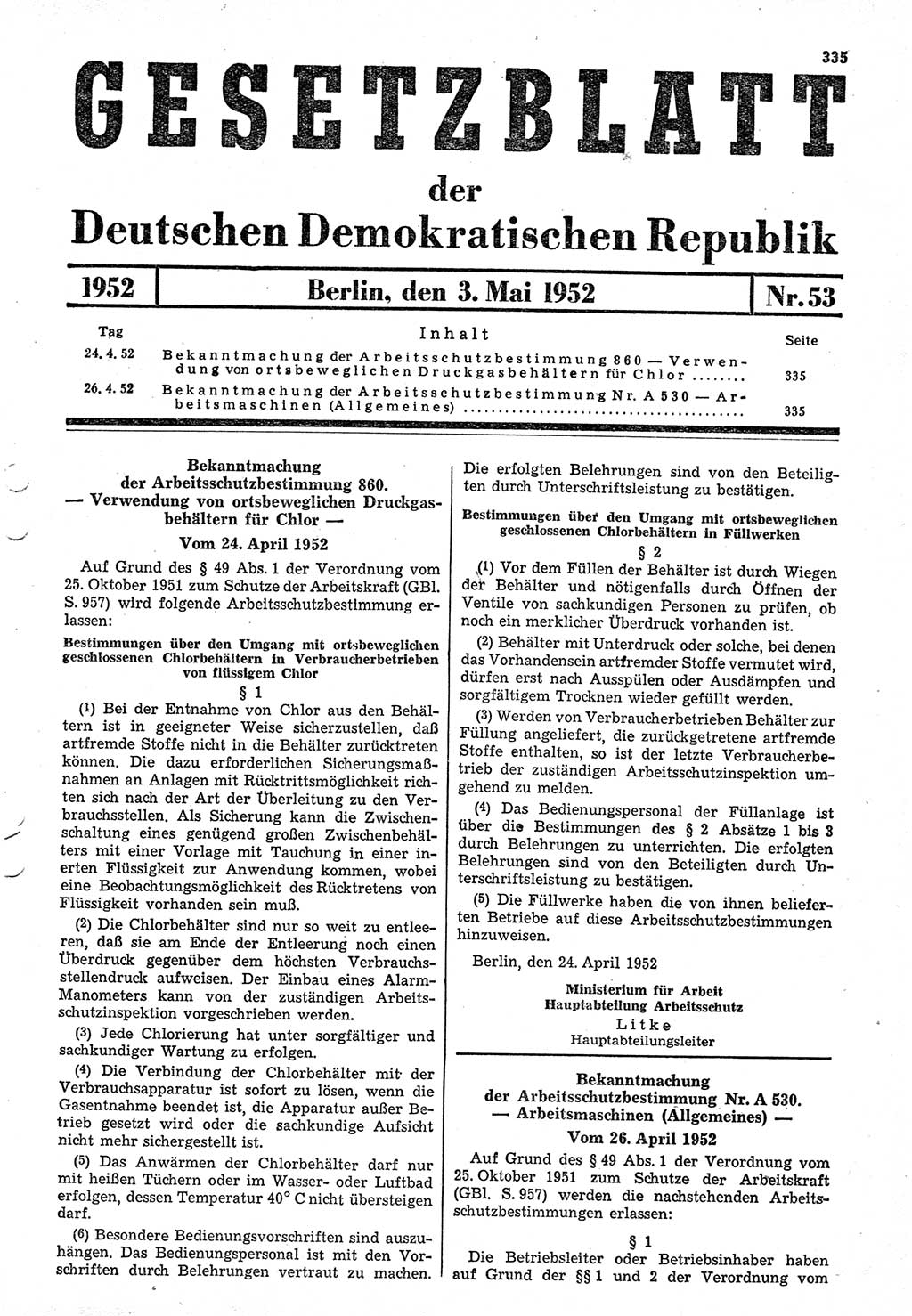 Gesetzblatt (GBl.) der Deutschen Demokratischen Republik (DDR) 1952, Seite 335 (GBl. DDR 1952, S. 335)