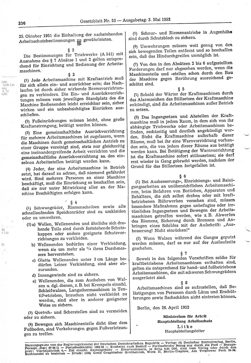 Gesetzblatt (GBl.) der Deutschen Demokratischen Republik (DDR) 1952, Seite 336 (GBl. DDR 1952, S. 336)