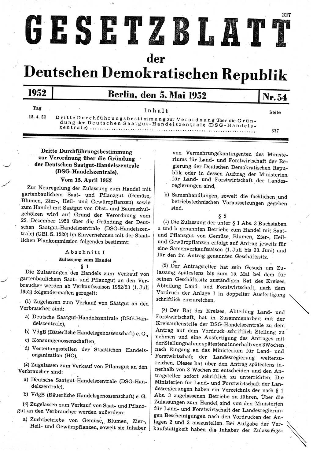 Gesetzblatt (GBl.) der Deutschen Demokratischen Republik (DDR) 1952, Seite 337 (GBl. DDR 1952, S. 337)