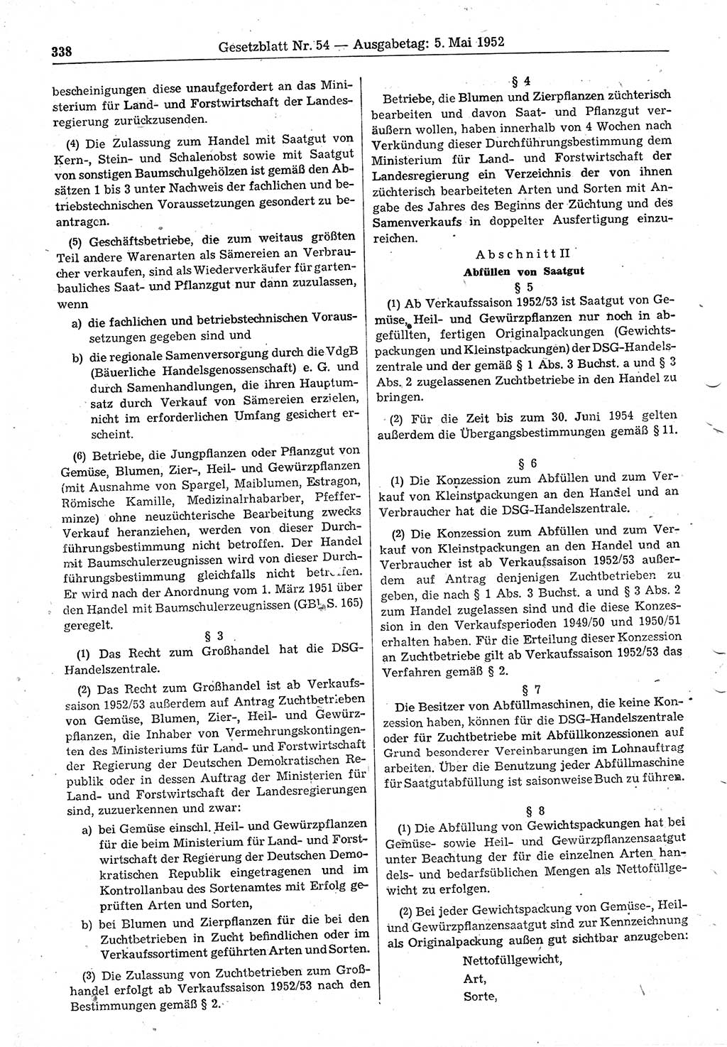 Gesetzblatt (GBl.) der Deutschen Demokratischen Republik (DDR) 1952, Seite 338 (GBl. DDR 1952, S. 338)