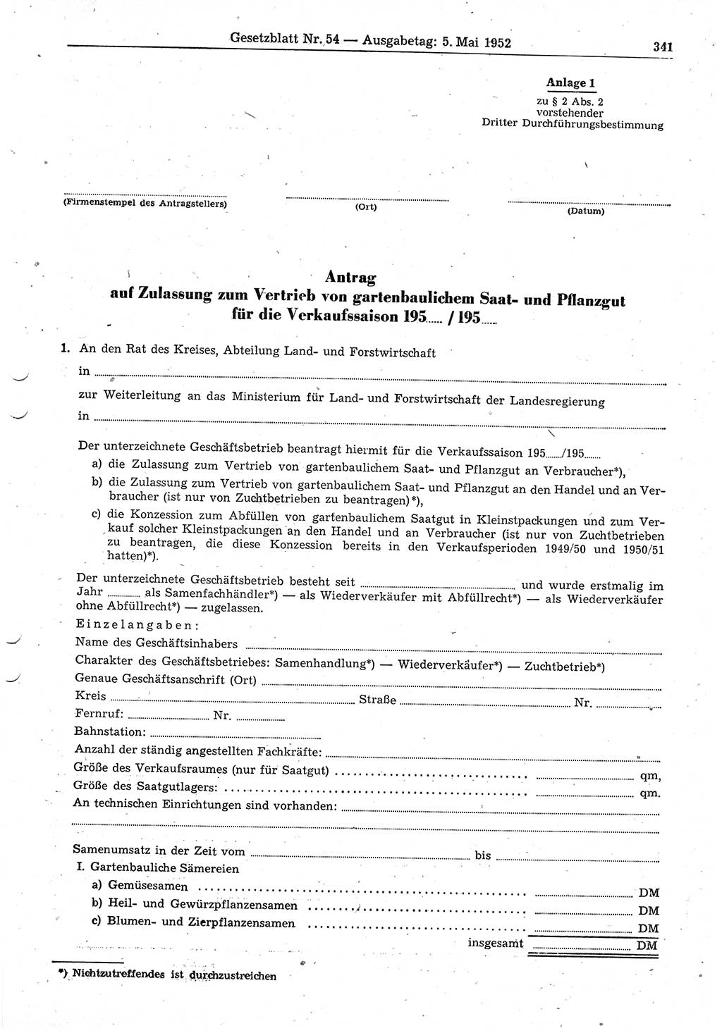 Gesetzblatt (GBl.) der Deutschen Demokratischen Republik (DDR) 1952, Seite 341 (GBl. DDR 1952, S. 341)