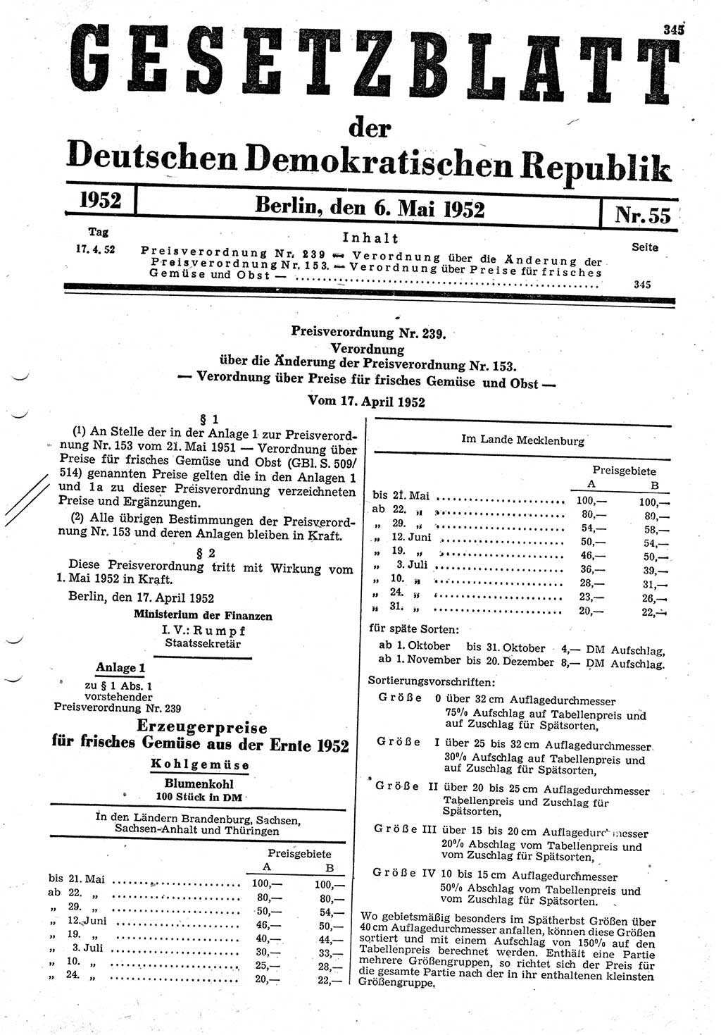 Gesetzblatt (GBl.) der Deutschen Demokratischen Republik (DDR) 1952, Seite 345 (GBl. DDR 1952, S. 345)