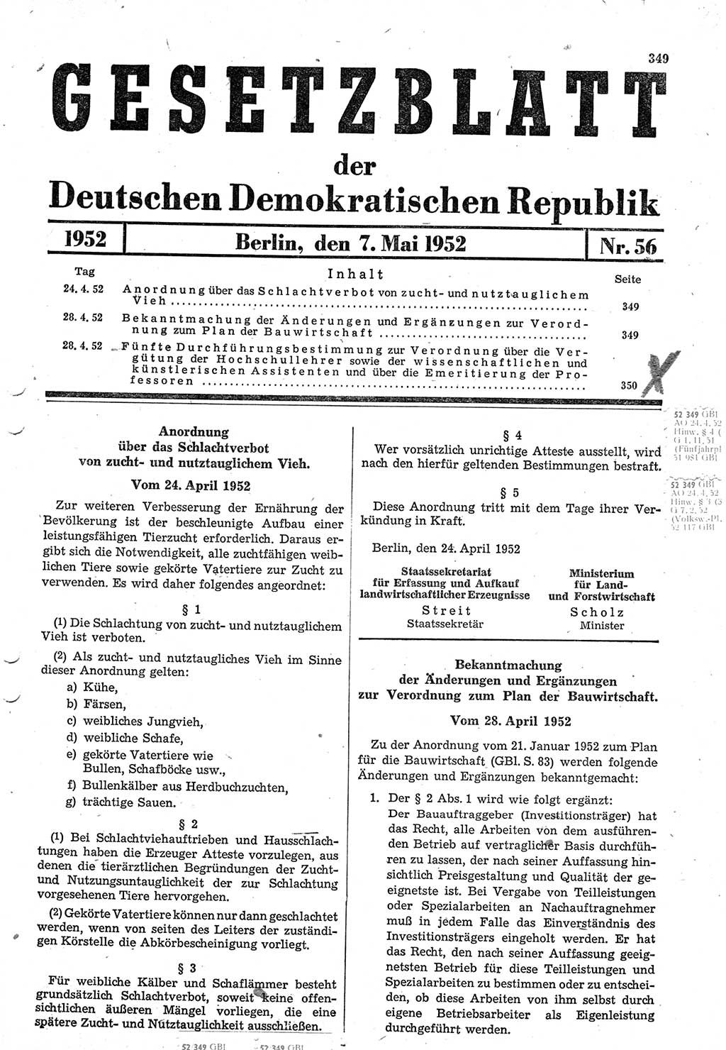 Gesetzblatt (GBl.) der Deutschen Demokratischen Republik (DDR) 1952, Seite 349 (GBl. DDR 1952, S. 349)