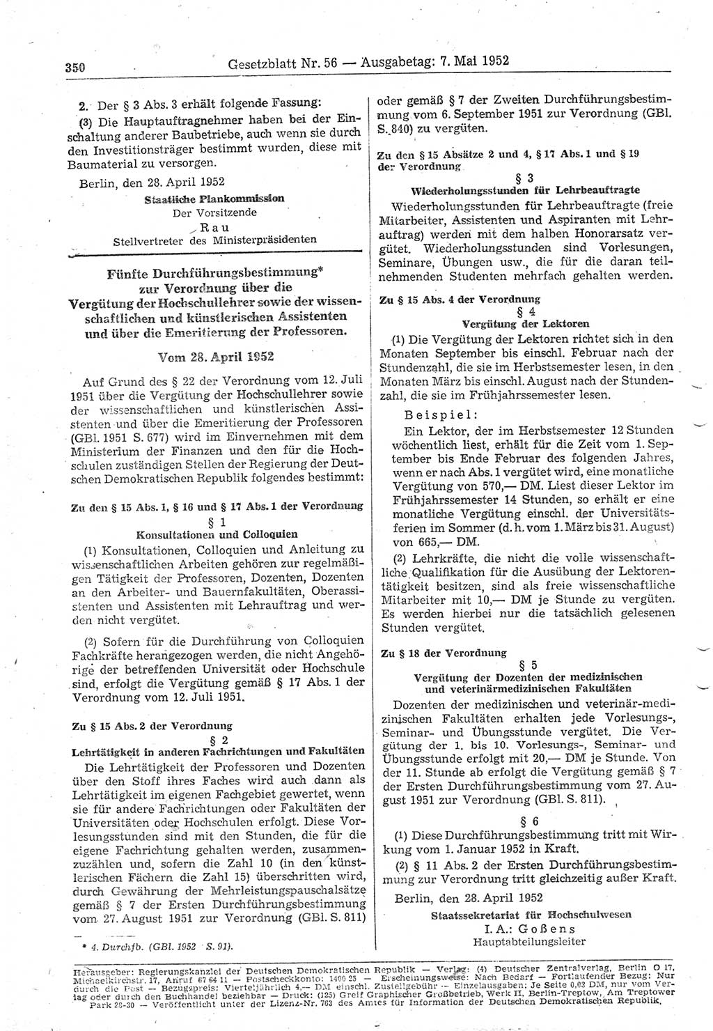 Gesetzblatt (GBl.) der Deutschen Demokratischen Republik (DDR) 1952, Seite 350 (GBl. DDR 1952, S. 350)