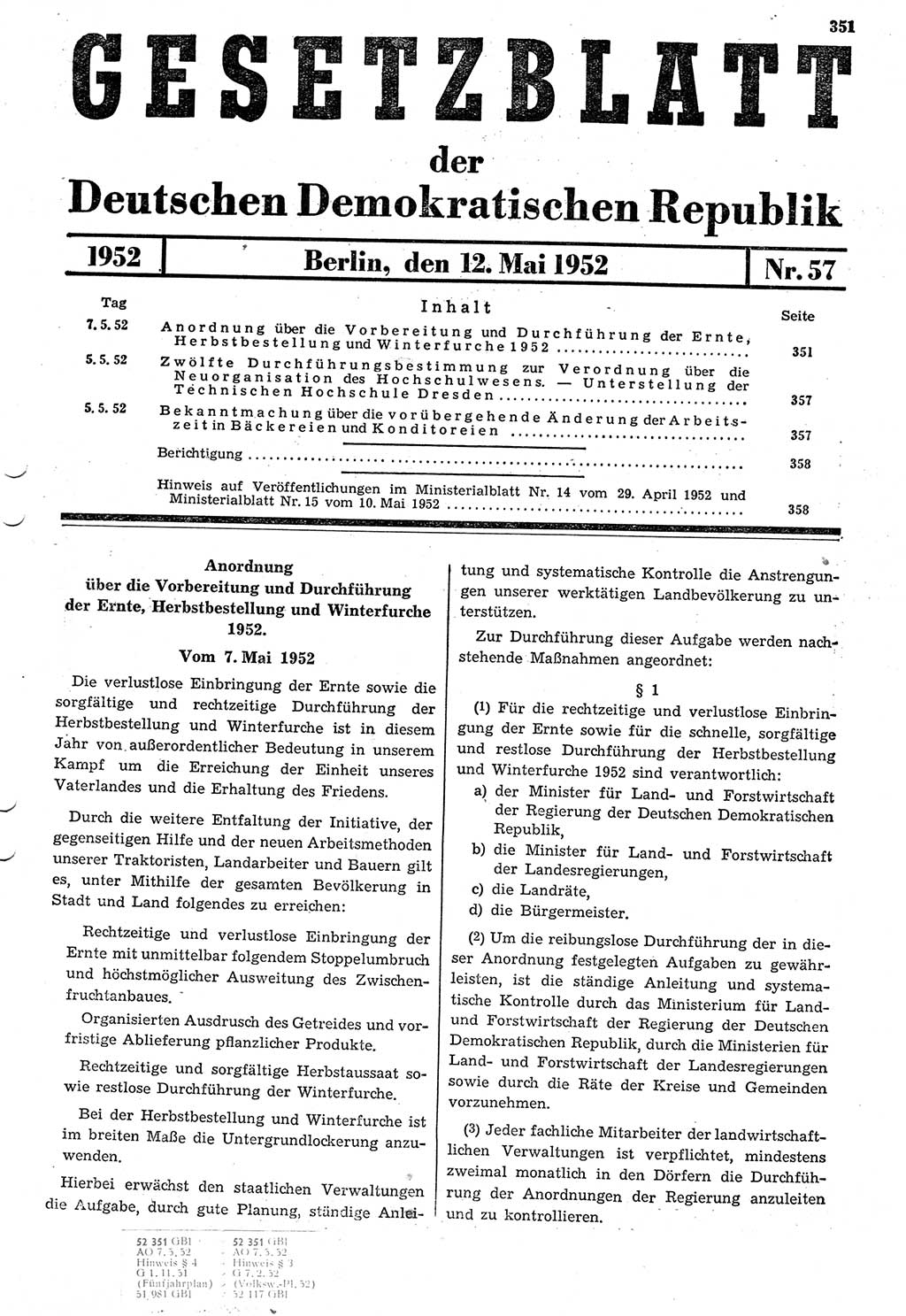 Gesetzblatt (GBl.) der Deutschen Demokratischen Republik (DDR) 1952, Seite 351 (GBl. DDR 1952, S. 351)