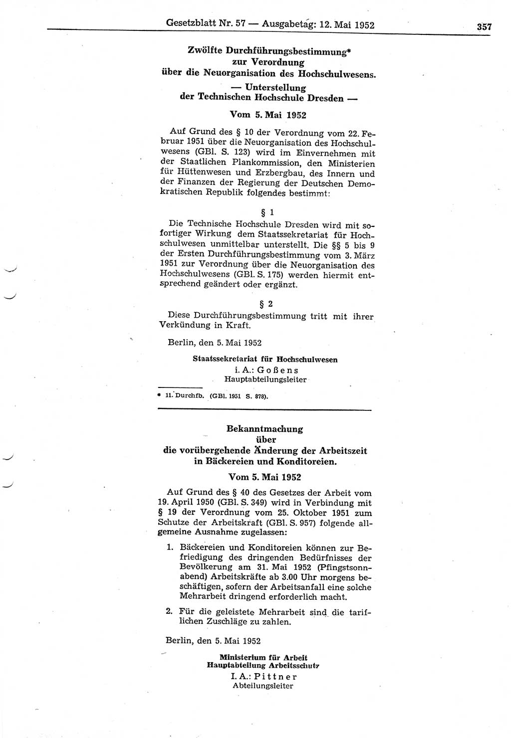 Gesetzblatt (GBl.) der Deutschen Demokratischen Republik (DDR) 1952, Seite 357 (GBl. DDR 1952, S. 357)