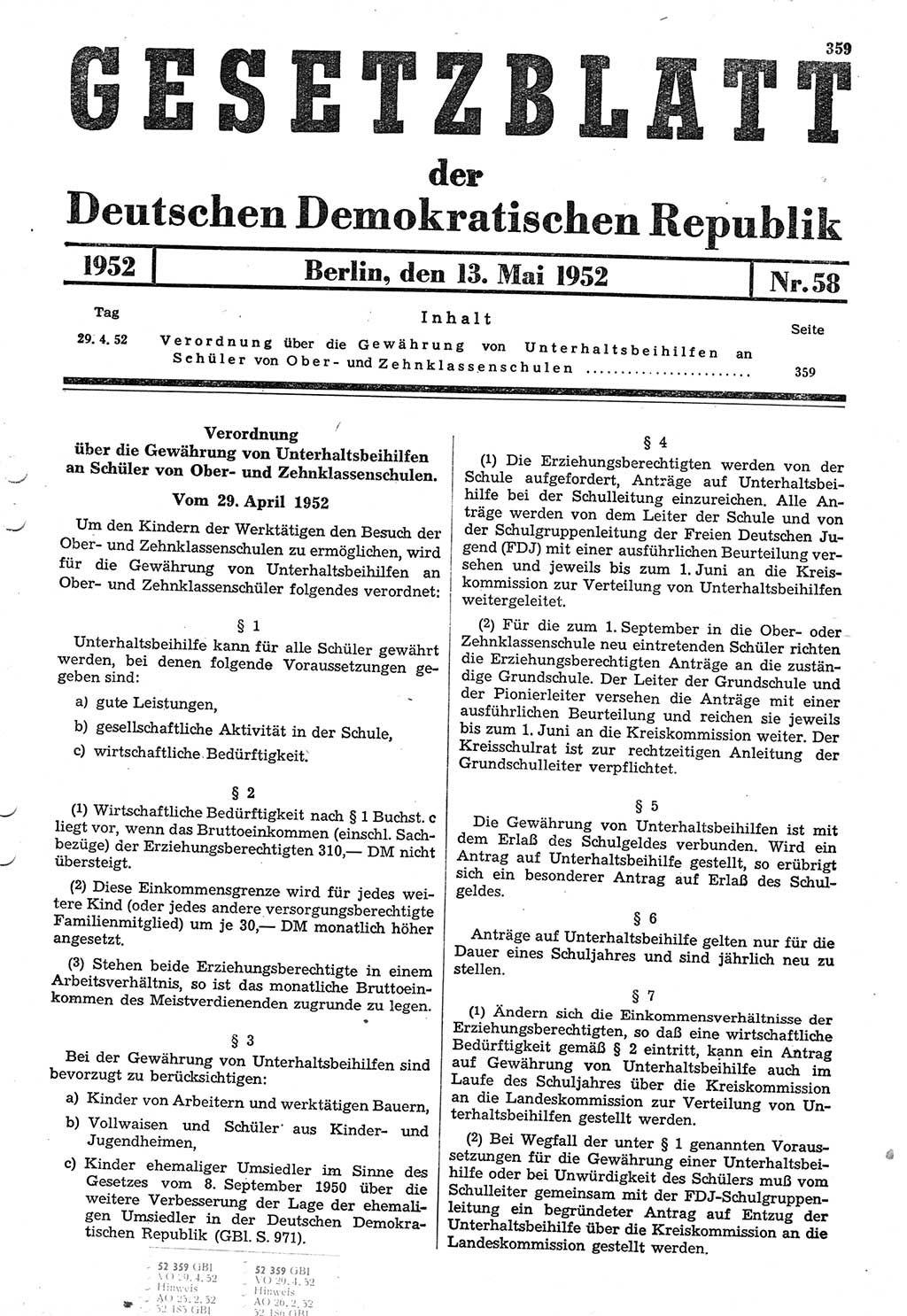 Gesetzblatt (GBl.) der Deutschen Demokratischen Republik (DDR) 1952, Seite 359 (GBl. DDR 1952, S. 359)