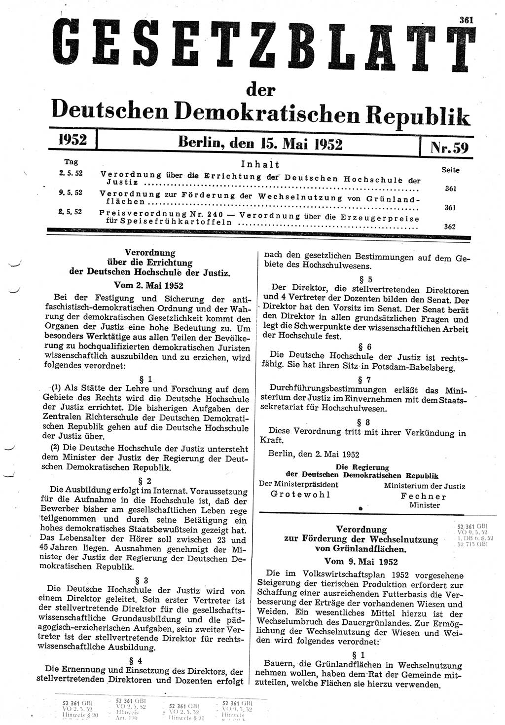 Gesetzblatt (GBl.) der Deutschen Demokratischen Republik (DDR) 1952, Seite 361 (GBl. DDR 1952, S. 361)