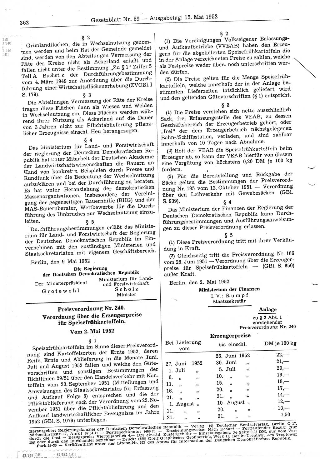 Gesetzblatt (GBl.) der Deutschen Demokratischen Republik (DDR) 1952, Seite 362 (GBl. DDR 1952, S. 362)