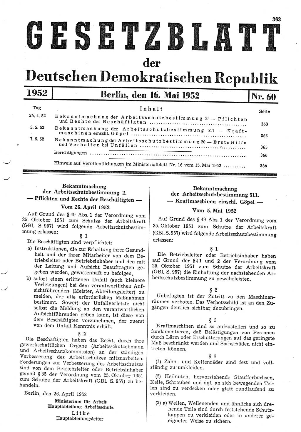 Gesetzblatt (GBl.) der Deutschen Demokratischen Republik (DDR) 1952, Seite 363 (GBl. DDR 1952, S. 363)