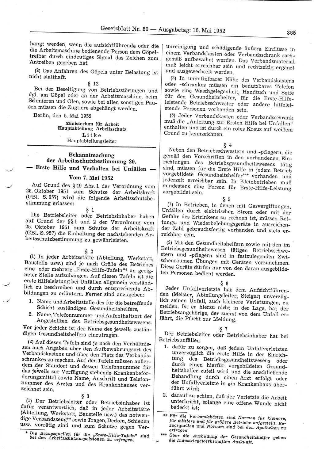 Gesetzblatt (GBl.) der Deutschen Demokratischen Republik (DDR) 1952, Seite 365 (GBl. DDR 1952, S. 365)