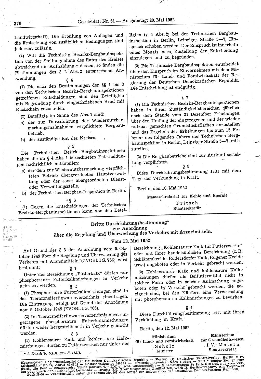 Gesetzblatt (GBl.) der Deutschen Demokratischen Republik (DDR) 1952, Seite 370 (GBl. DDR 1952, S. 370)