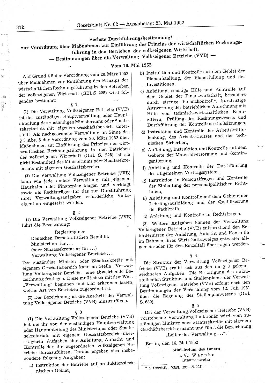 Gesetzblatt (GBl.) der Deutschen Demokratischen Republik (DDR) 1952, Seite 372 (GBl. DDR 1952, S. 372)