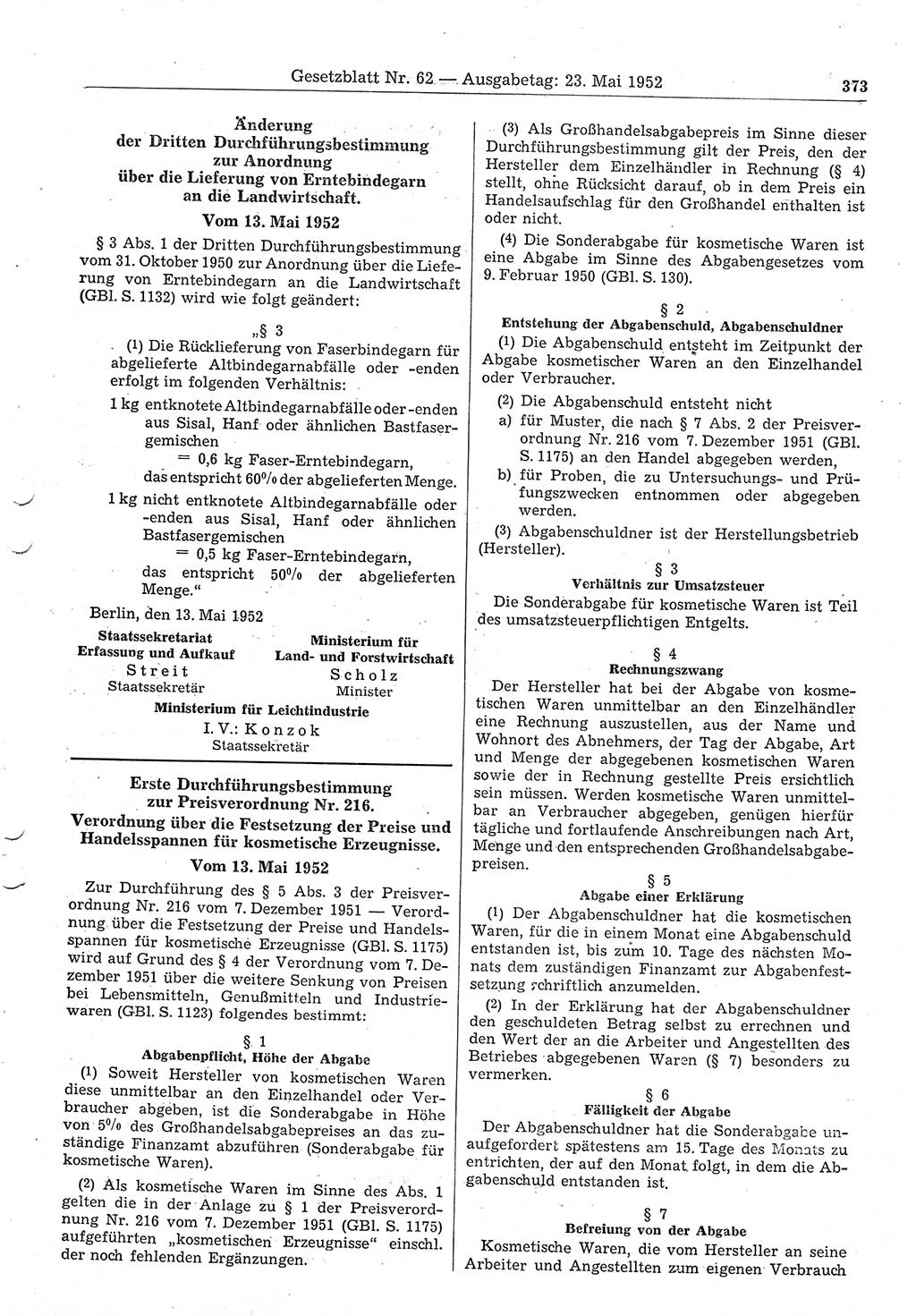 Gesetzblatt (GBl.) der Deutschen Demokratischen Republik (DDR) 1952, Seite 373 (GBl. DDR 1952, S. 373)
