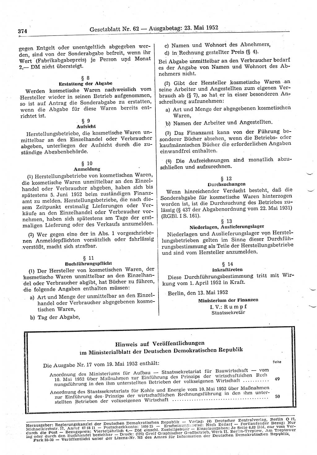 Gesetzblatt (GBl.) der Deutschen Demokratischen Republik (DDR) 1952, Seite 374 (GBl. DDR 1952, S. 374)