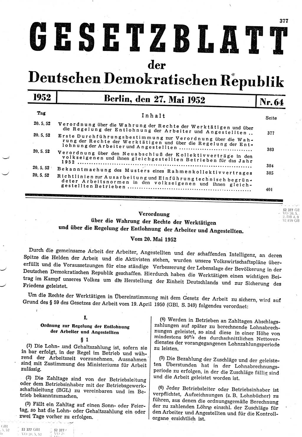 Gesetzblatt (GBl.) der Deutschen Demokratischen Republik (DDR) 1952, Seite 377 (GBl. DDR 1952, S. 377)