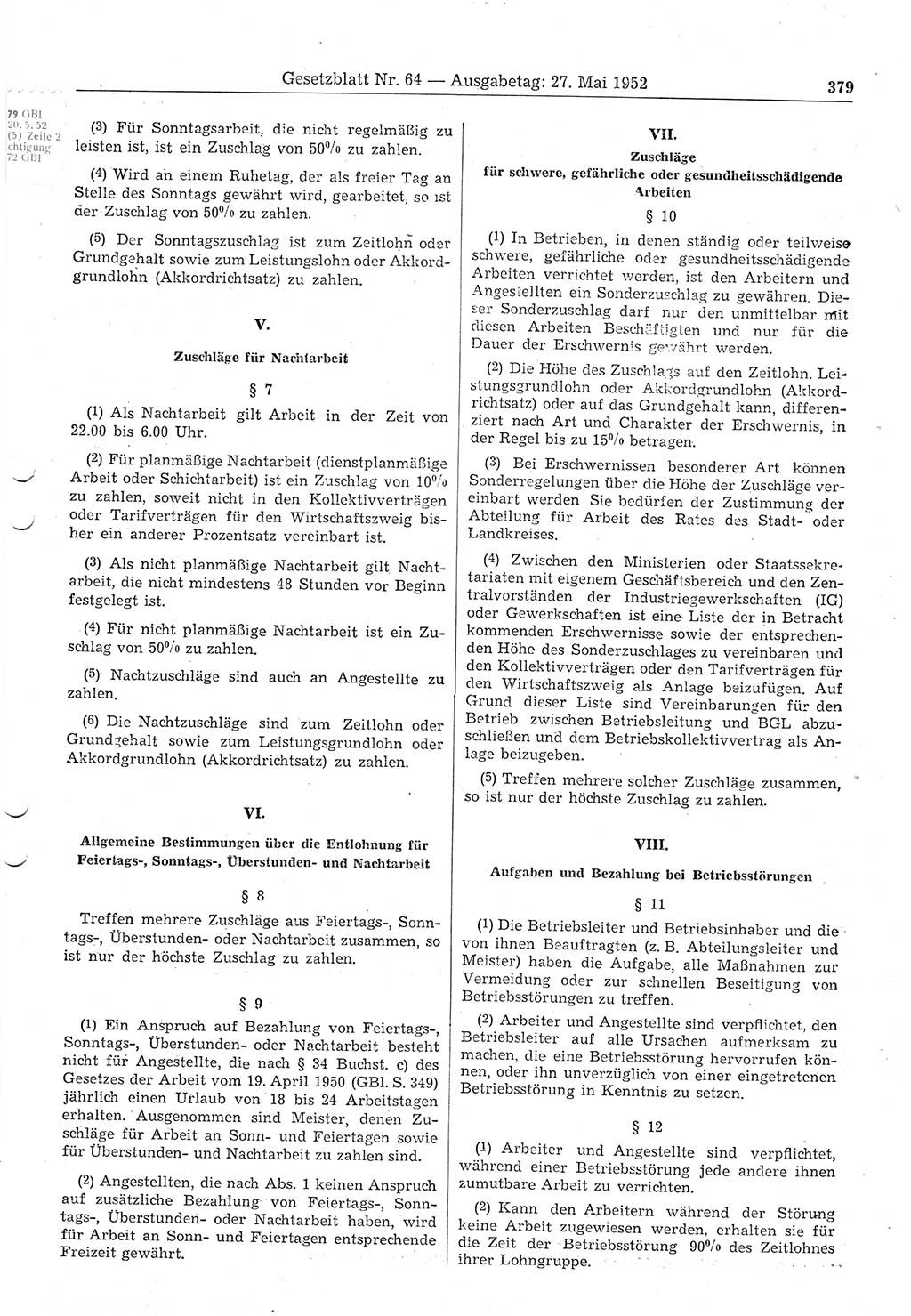 Gesetzblatt (GBl.) der Deutschen Demokratischen Republik (DDR) 1952, Seite 379 (GBl. DDR 1952, S. 379)